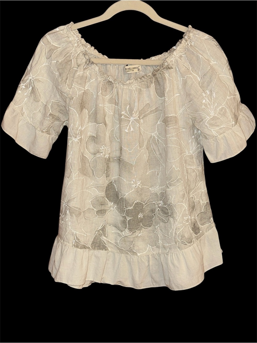 Terzo Millennio 100% Linen Boutique Italian Ivory Floral Peasant Blouse Size M
